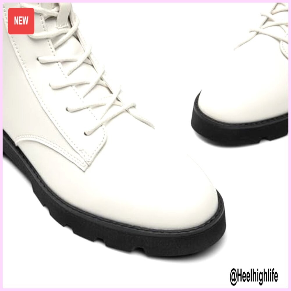 Women's Combat Ankle Boots Lug Sole Lace Up Side Zipper Vegan Leather - Picture 5 of 7